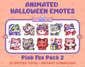 Pink Fox Halloween animated Twitch emote pack featuring 10 emotes including hype, sip, hug, and pout.