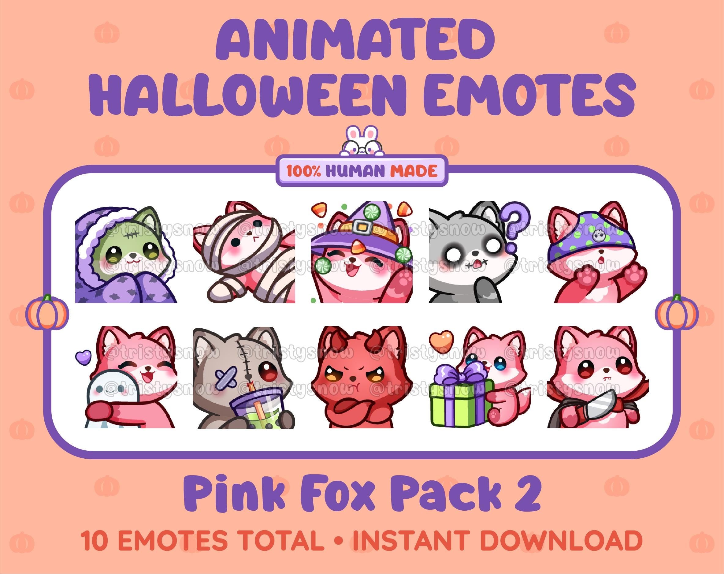 Pink Fox Halloween animated Twitch emote pack featuring 10 emotes including hype, sip, hug, and pout.