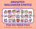 Pink Fox Halloween animated Twitch emote mega pack featuring 21 emotes including hype, candy, kiss, and lurk.