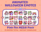 Pink Fox Halloween animated Twitch emote mega pack featuring 21 emotes including hype, candy, kiss, and lurk.