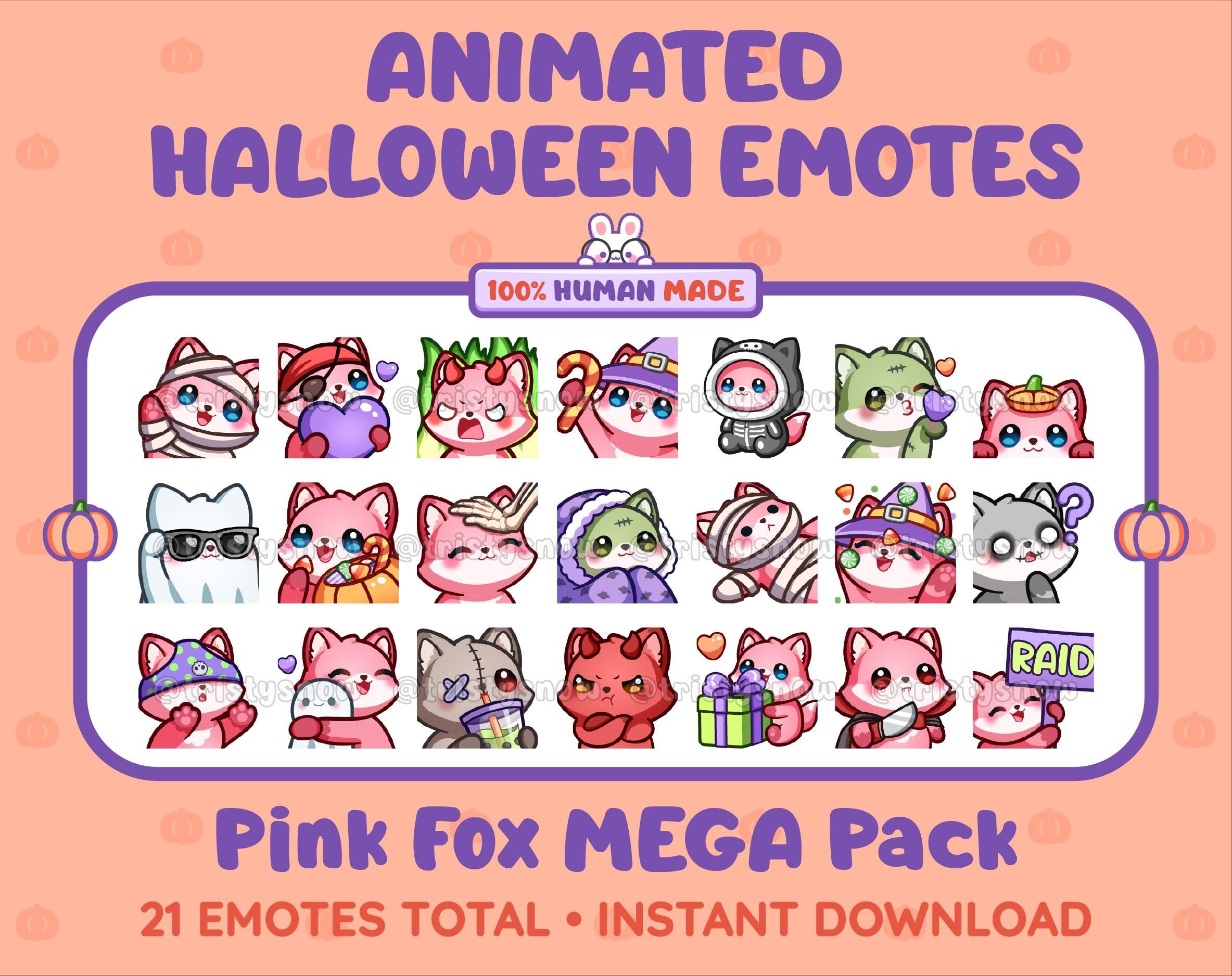 Pink Fox Halloween animated Twitch emote mega pack featuring 21 emotes including hype, candy, kiss, and lurk.