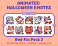 Red Fox Halloween animated Twitch emote pack featuring 10 emotes including hype, sip, hug, and pout.
