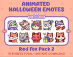 Red Fox Halloween animated Twitch emote pack featuring 10 emotes including hype, sip, hug, and pout.