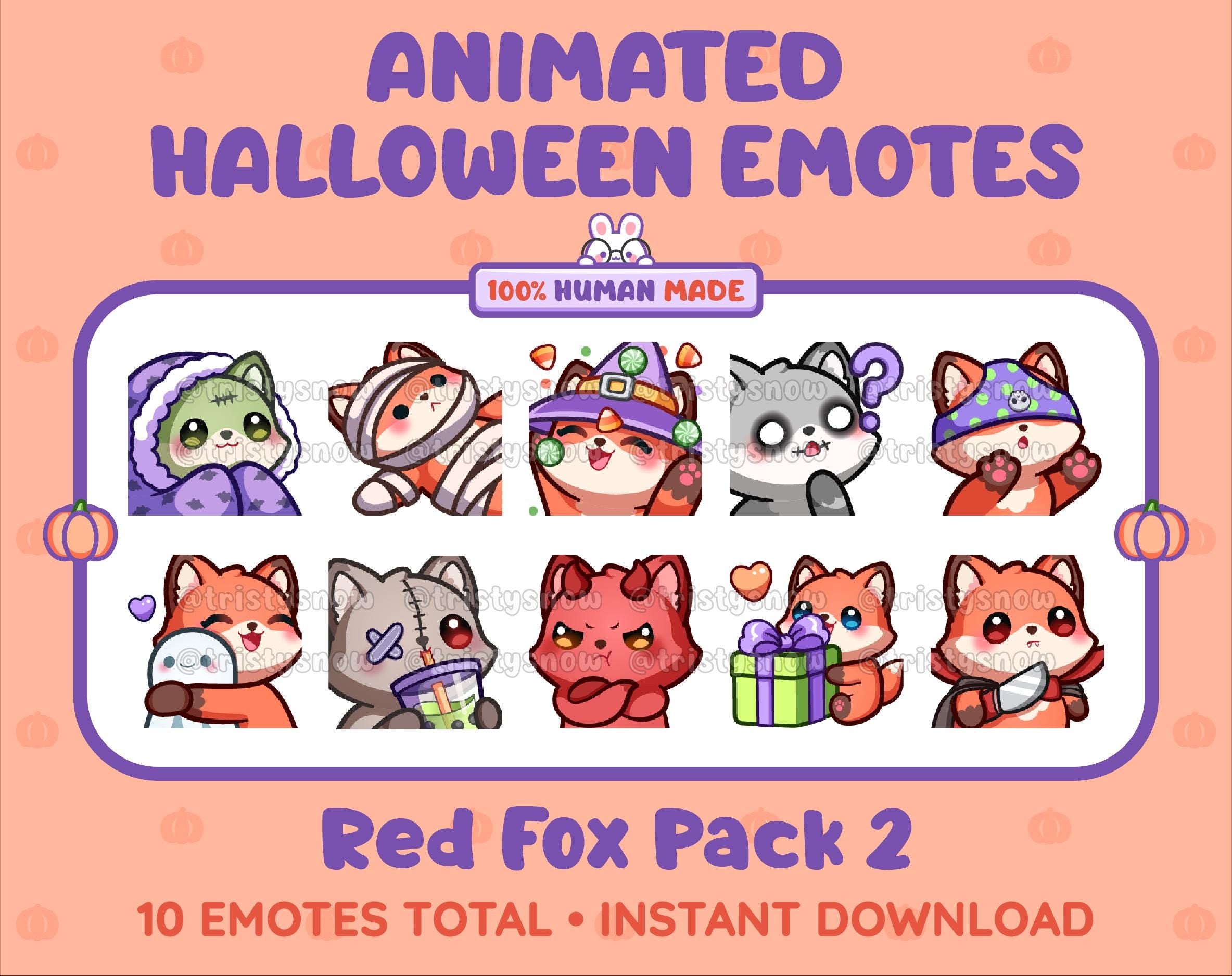 Red Fox Halloween animated Twitch emote pack featuring 10 emotes including hype, sip, hug, and pout.