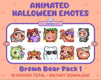 Brown Bear Halloween animated Twitch emote pack featuring 10 emotes including angry, candy, kiss, and lurk.