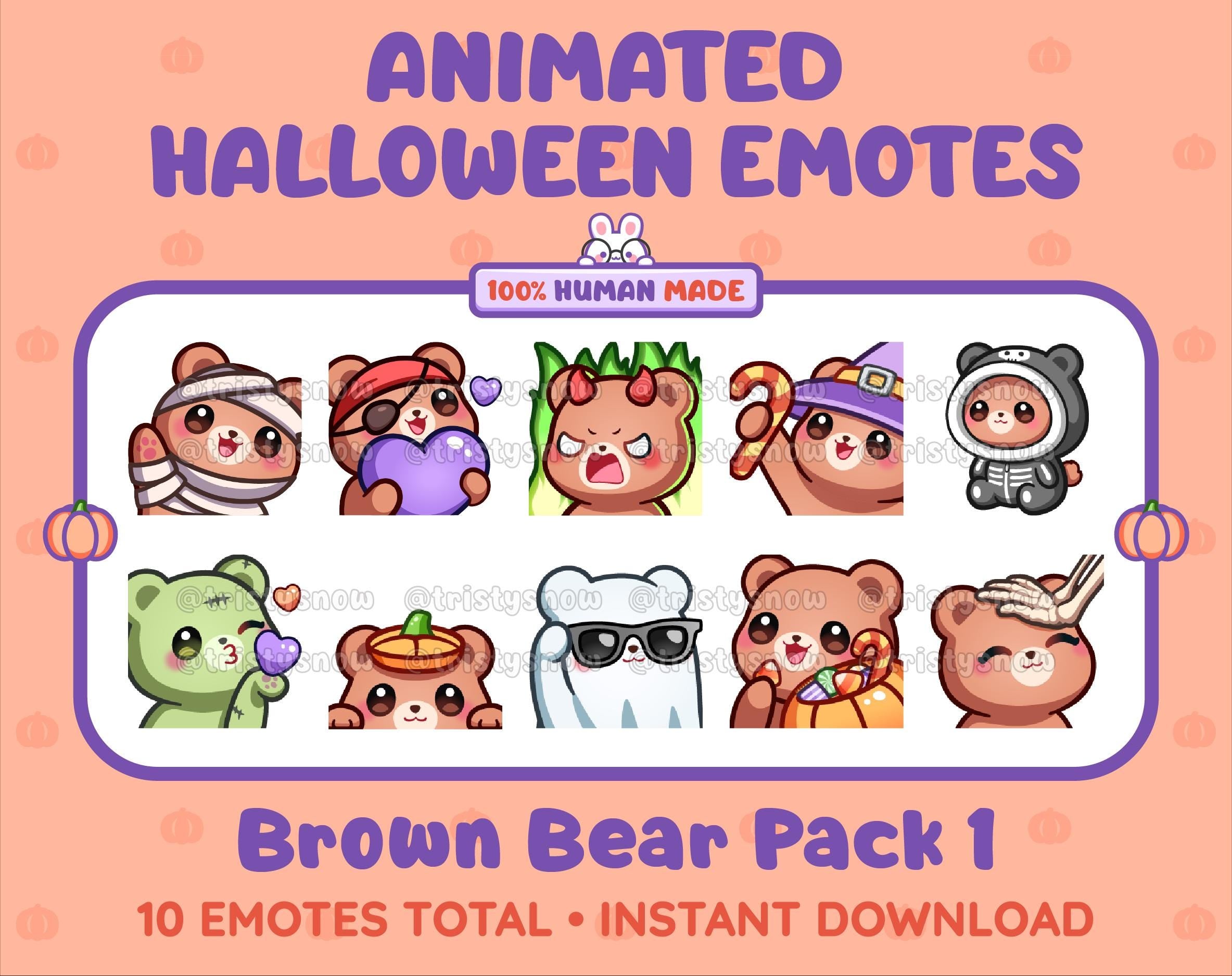 Brown Bear Halloween animated Twitch emote pack featuring 10 emotes including angry, candy, kiss, and lurk.