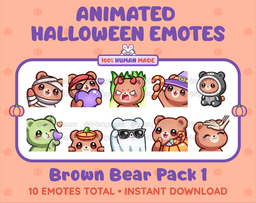 Brown Bear Halloween animated Twitch emote pack featuring 10 emotes including angry, candy, kiss, and lurk.