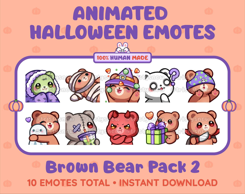 Brown Bear Halloween animated Twitch emote pack featuring 10 emotes including hype, sip, hug, and pout.