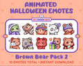 Brown Bear Halloween animated Twitch emote pack featuring 10 emotes including hype, sip, hug, and pout.