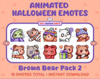 Brown Bear Halloween animated Twitch emote pack featuring 10 emotes including hype, sip, hug, and pout.