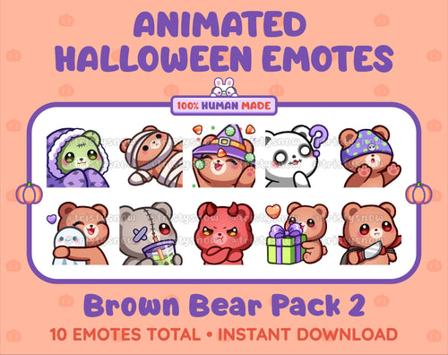 Brown Bear Halloween animated Twitch emote pack featuring 10 emotes including hype, sip, hug, and pout.