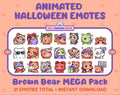 Brown Bear Halloween animated Twitch emote mega pack featuring 21 emotes including hype, candy, kiss, and lurk.