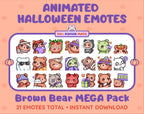 Brown Bear Halloween animated Twitch emote mega pack featuring 21 emotes including hype, candy, kiss, and lurk.
