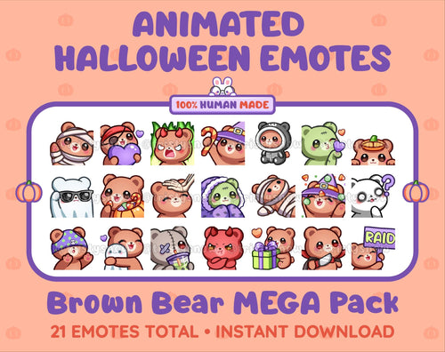 Brown Bear Halloween animated Twitch emote mega pack featuring 21 emotes including hype, candy, kiss, and lurk.