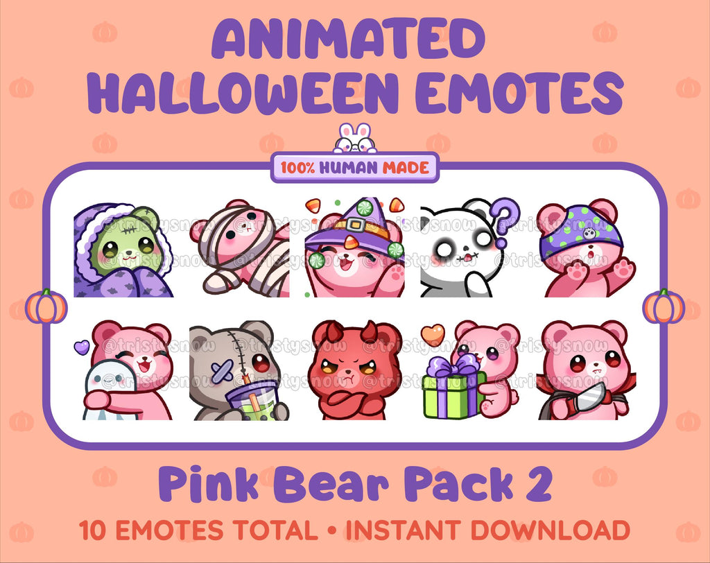 Pink Bear Halloween animated Twitch emote pack featuring 10 emotes including hype, sip, hug, and pout.