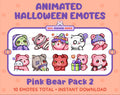 Pink Bear Halloween animated Twitch emote pack featuring 10 emotes including hype, sip, hug, and pout.
