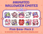 Pink Bear Halloween animated Twitch emote pack featuring 10 emotes including hype, sip, hug, and pout.