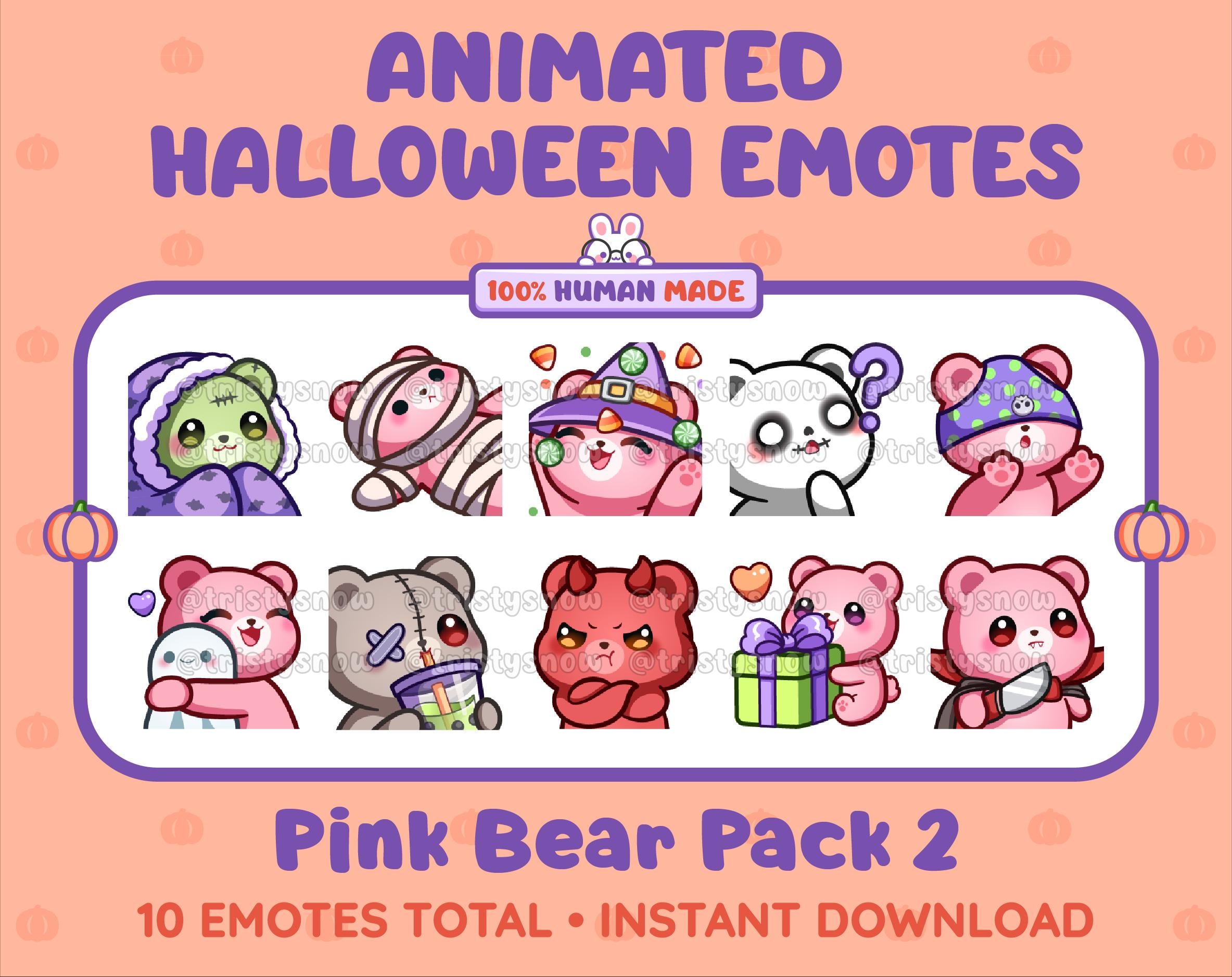 Pink Bear Halloween animated Twitch emote pack featuring 10 emotes including hype, sip, hug, and pout.