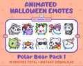 Polar Bear Halloween animated Twitch emote pack featuring 10 emotes including angry, candy, kiss, and lurk.