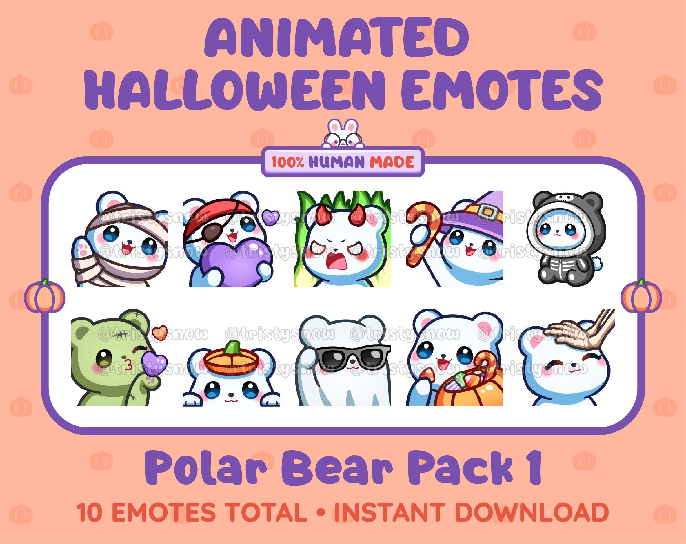 Polar Bear Halloween animated Twitch emote pack featuring 10 emotes including angry, candy, kiss, and lurk.