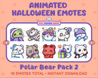 Polar Bear Halloween animated Twitch emote pack featuring 10 emotes including hype, sip, hug, and pout.
