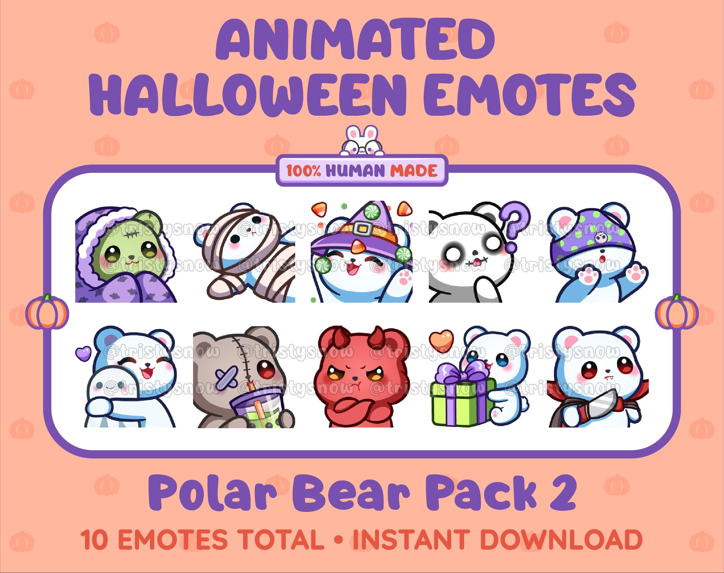 Polar Bear Halloween animated Twitch emote pack featuring 10 emotes including hype, sip, hug, and pout.