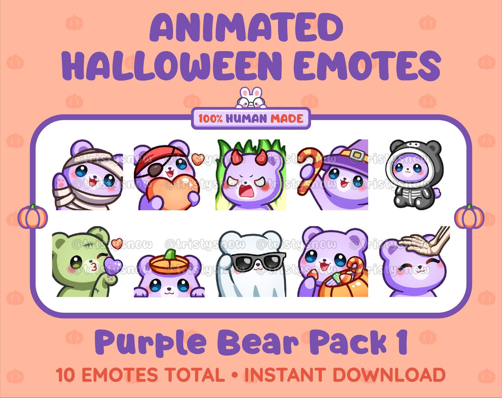 Purple Bear Halloween animated Twitch emote pack featuring 10 emotes including angry, candy, kiss, and lurk.