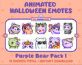 Purple Bear Halloween animated Twitch emote pack featuring 10 emotes including angry, candy, kiss, and lurk.