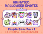 Purple Bear Halloween animated Twitch emote pack featuring 10 emotes including angry, candy, kiss, and lurk.