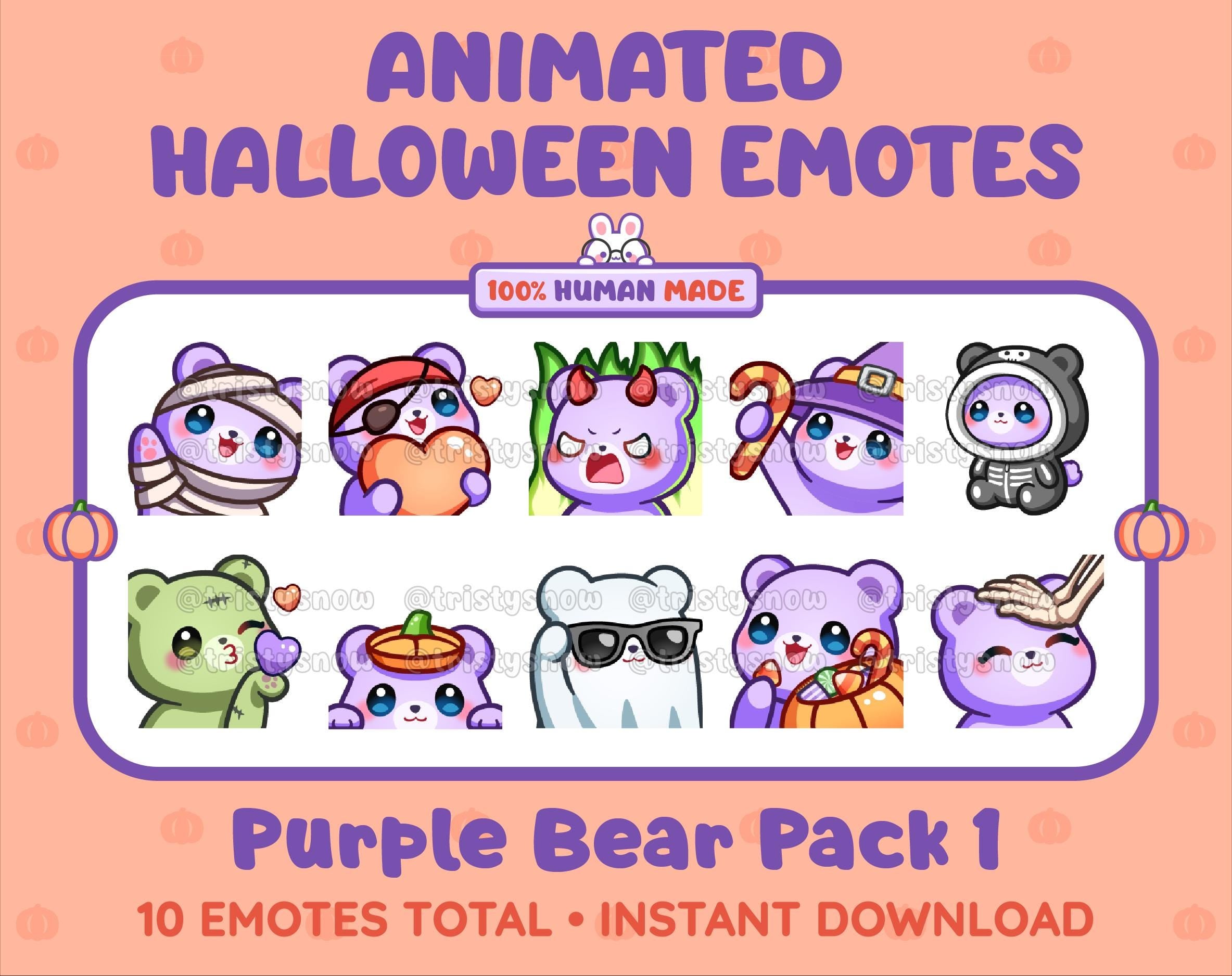 Purple Bear Halloween animated Twitch emote pack featuring 10 emotes including angry, candy, kiss, and lurk.