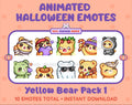 Yellow Bear Halloween animated Twitch emote pack featuring 10 emotes including angry, candy, kiss, and lurk.