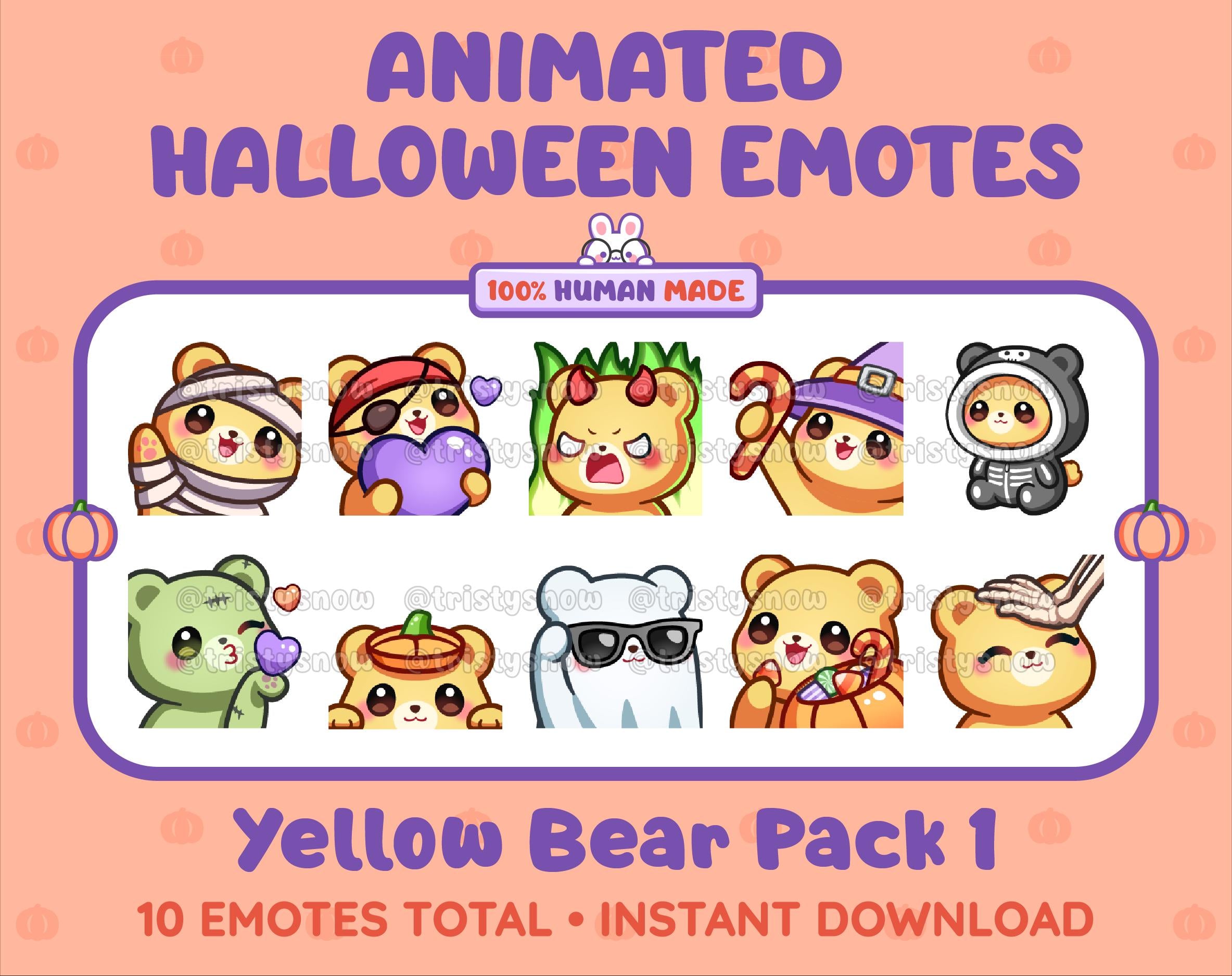 Yellow Bear Halloween animated Twitch emote pack featuring 10 emotes including angry, candy, kiss, and lurk.