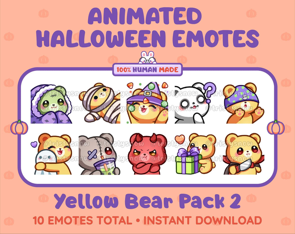 Yellow Bear Halloween animated Twitch emote pack featuring 10 emotes including hype, sip, hug, and pout.