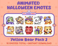Yellow Bear Halloween animated Twitch emote pack featuring 10 emotes including hype, sip, hug, and pout.