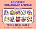 Yellow Bear Halloween animated Twitch emote pack featuring 10 emotes including hype, sip, hug, and pout.