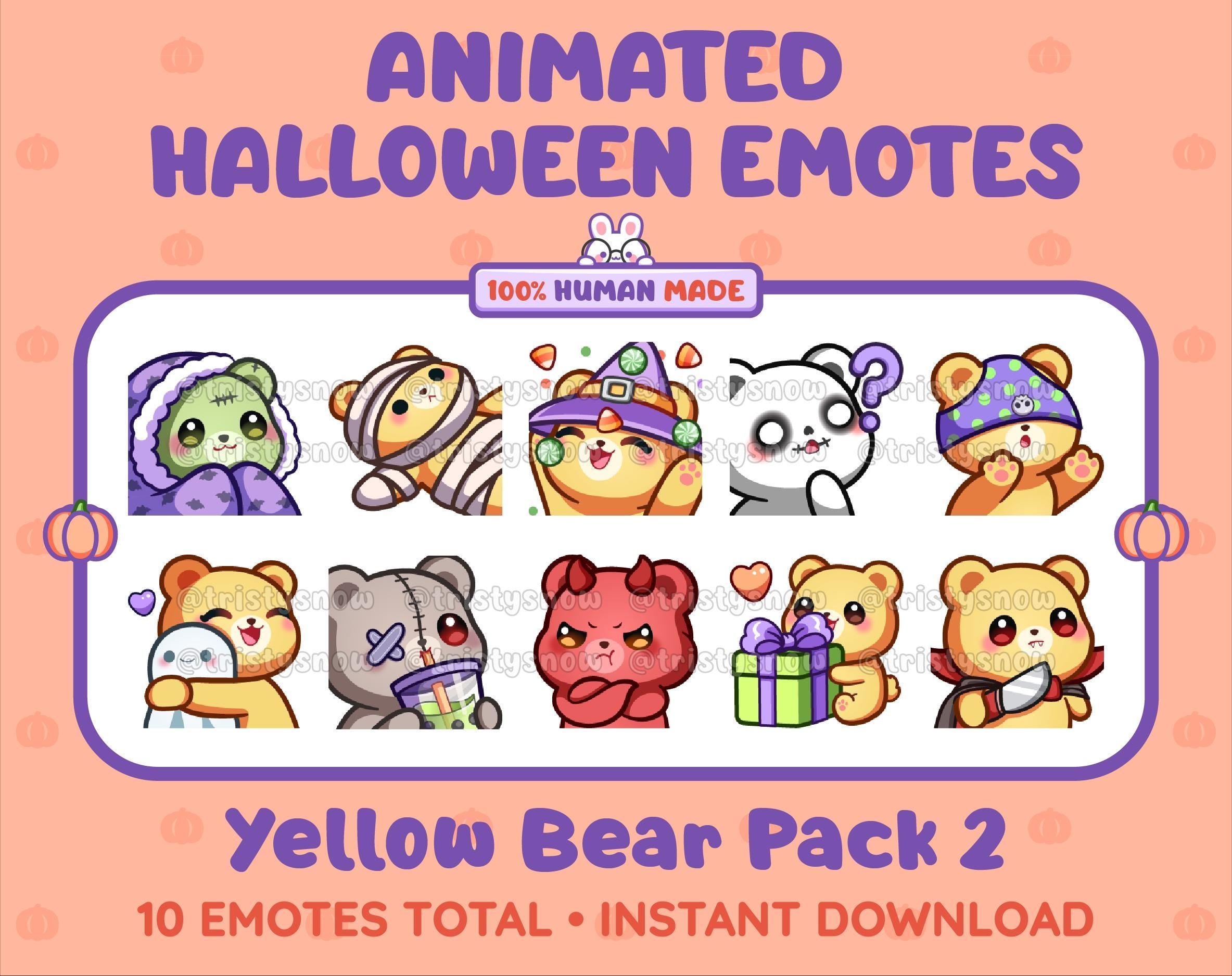Yellow Bear Halloween animated Twitch emote pack featuring 10 emotes including hype, sip, hug, and pout.