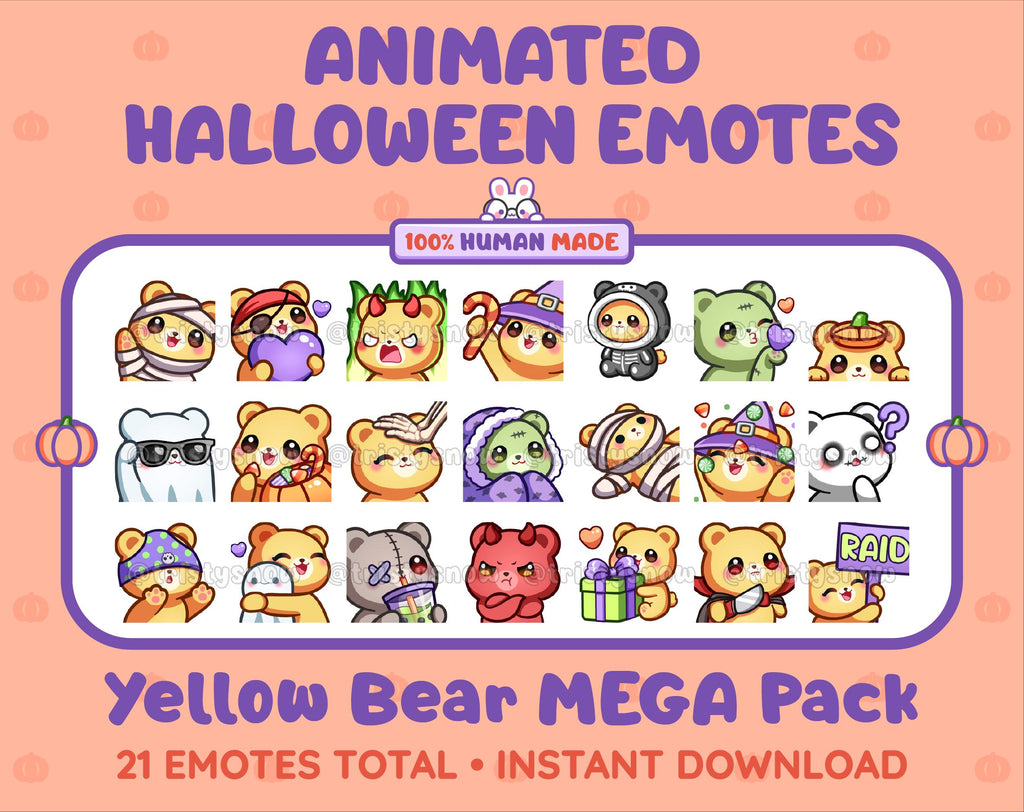 Yellow Bear Halloween animated Twitch emote mega pack featuring 21 emotes including hype, candy, kiss, and lurk.