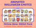 Yellow Bear Halloween animated Twitch emote mega pack featuring 21 emotes including hype, candy, kiss, and lurk.