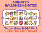 Yellow Bear Halloween animated Twitch emote mega pack featuring 21 emotes including hype, candy, kiss, and lurk.