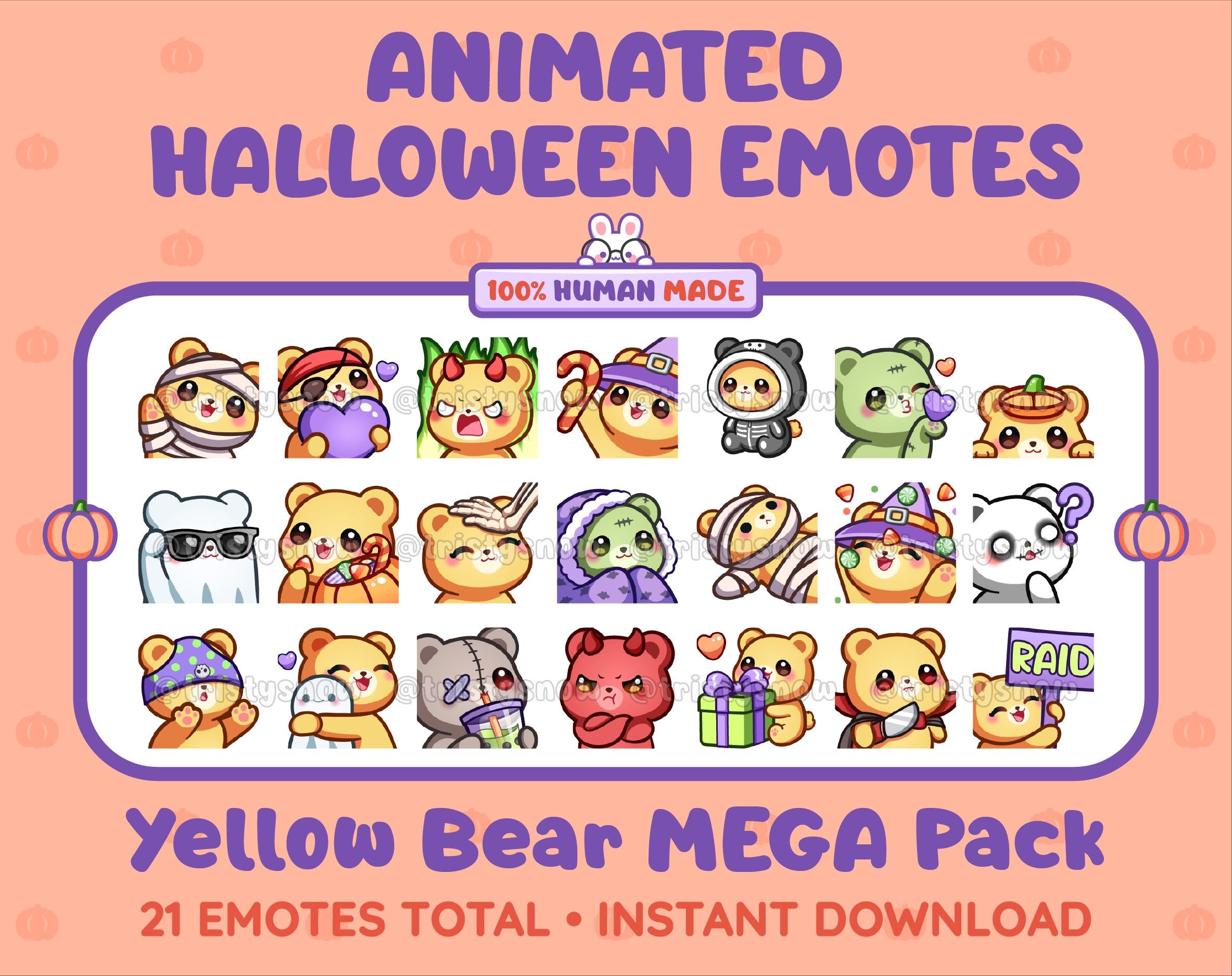 Yellow Bear Halloween animated Twitch emote mega pack featuring 21 emotes including hype, candy, kiss, and lurk.