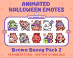 Brown Bunny Halloween animated Twitch emote pack featuring 10 emotes including hype, sip, hug, and pout.