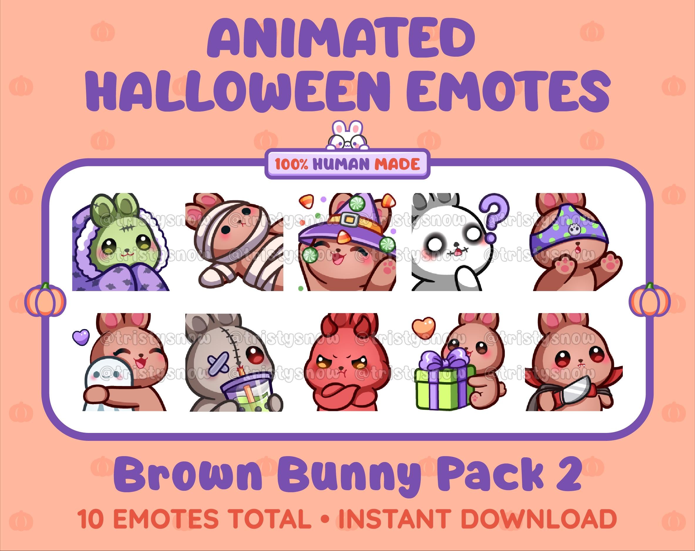 Brown Bunny Halloween animated Twitch emote pack featuring 10 emotes including hype, sip, hug, and pout.