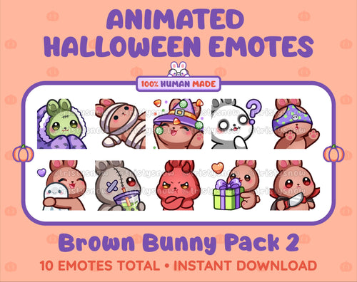 Brown Bunny Halloween animated Twitch emote pack featuring 10 emotes including hype, sip, hug, and pout.