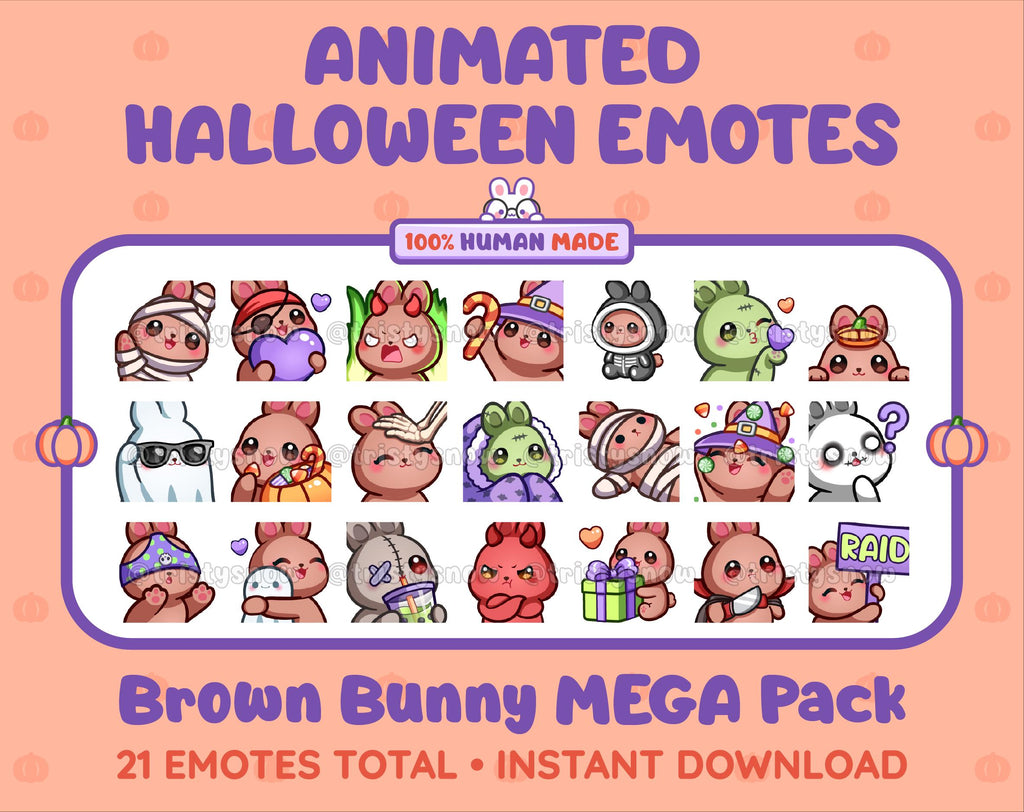 Brown Bunny Halloween animated Twitch emote mega pack featuring 21 emotes including hype, candy, kiss, and lurk.