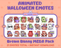 Brown Bunny Halloween animated Twitch emote mega pack featuring 21 emotes including hype, candy, kiss, and lurk.