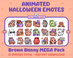 Brown Bunny Halloween animated Twitch emote mega pack featuring 21 emotes including hype, candy, kiss, and lurk.