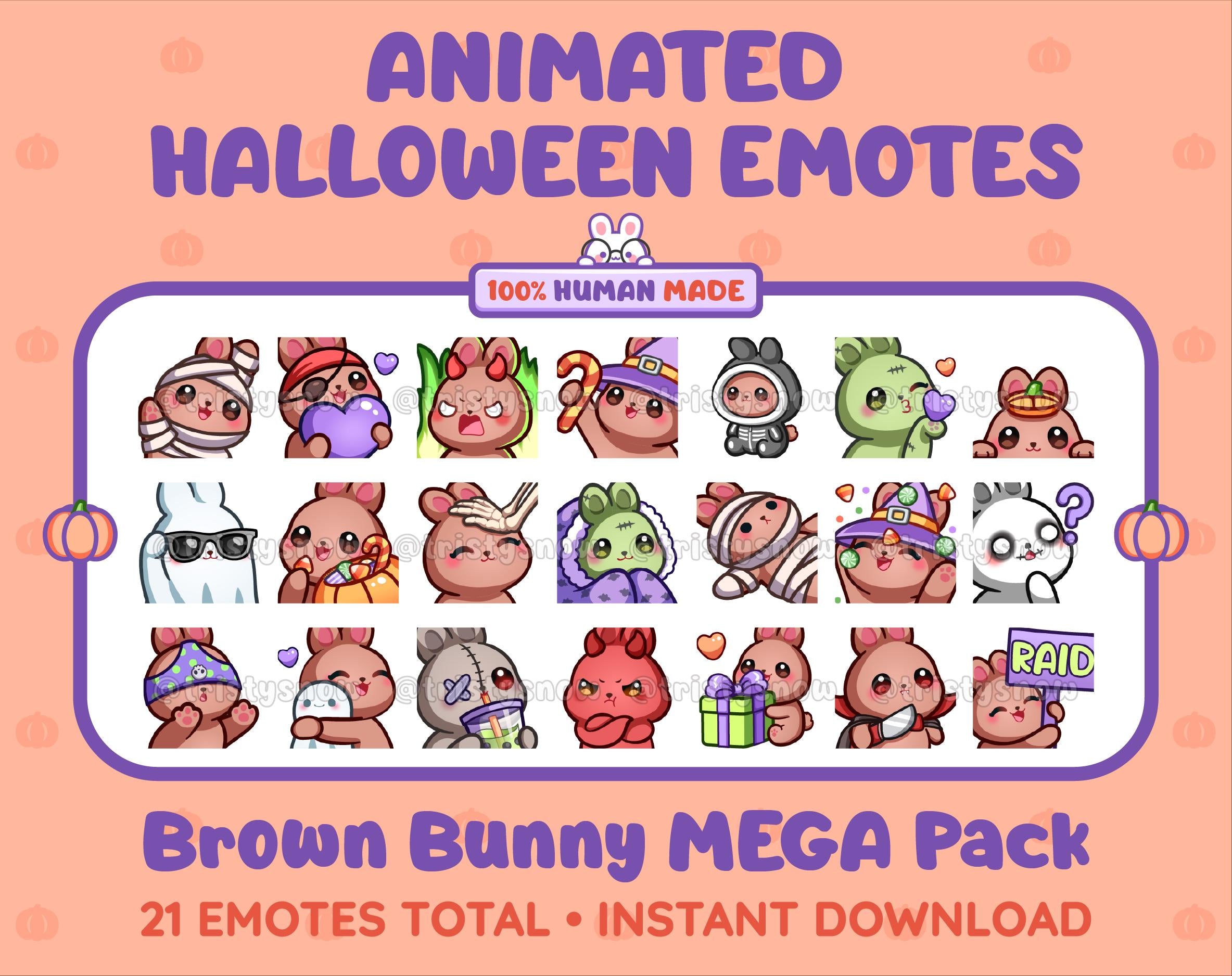 Brown Bunny Halloween animated Twitch emote mega pack featuring 21 emotes including hype, candy, kiss, and lurk.