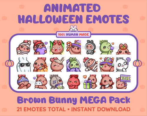 Brown Bunny Halloween animated Twitch emote mega pack featuring 21 emotes including hype, candy, kiss, and lurk.