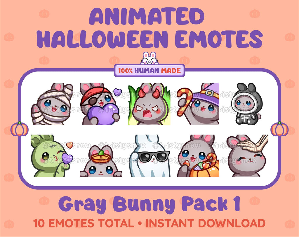 Gray Bunny Halloween animated Twitch emote pack featuring 10 emotes including angry, candy, kiss, and lurk.