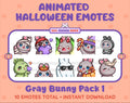 Gray Bunny Halloween animated Twitch emote pack featuring 10 emotes including angry, candy, kiss, and lurk.